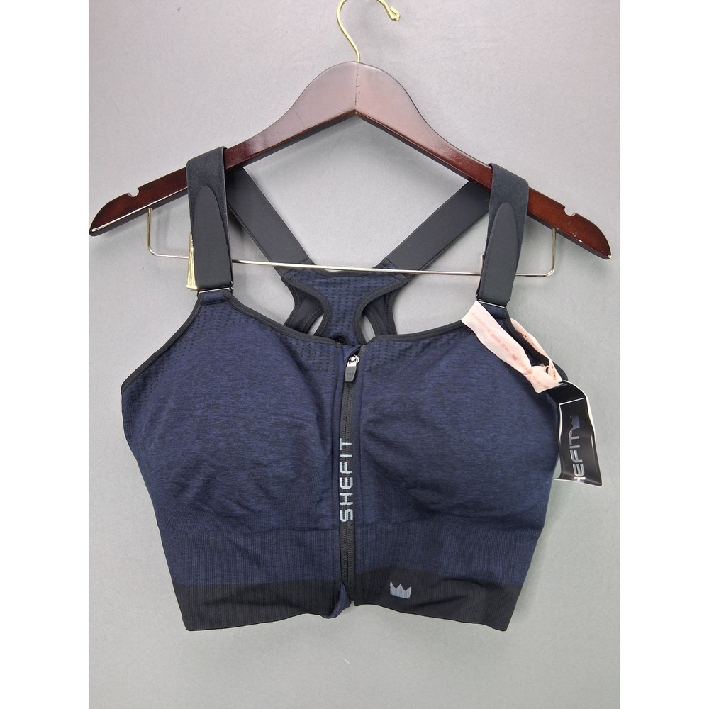 SHEFIT Sports Bra Low Impact 4Luxe Size Small Navy Blue Front Zip Racerback
